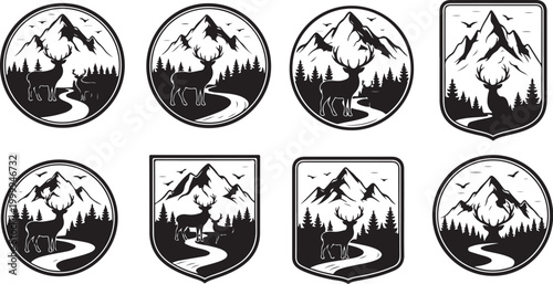 Mountain landscape icons, wilderness badges, outdoor emblems, black and white vector set