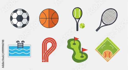 Collection of sports equipment and facilities icons.