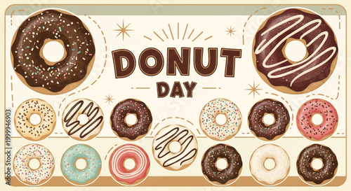 Donut Day, assorted donuts, sweet treats, dessert icons, vector graphics