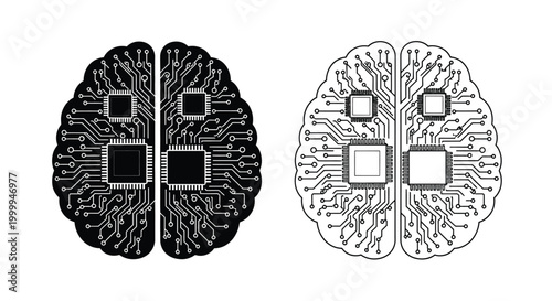 Brain with circuit board design black and white illustration