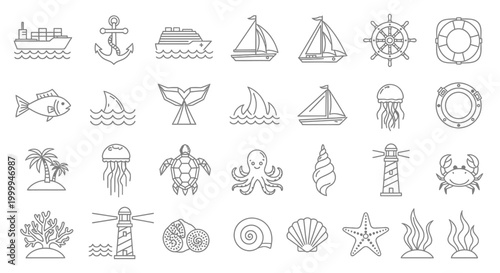 Set of nautical and marine hand drawn doodle icons.