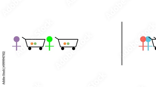 Minimalist Animation of People with Shopping Carts Queueing at a Supermarket Checkout