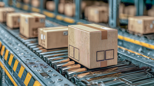 Cardboard boxes moving on a conveyor belt in a logistics warehouse