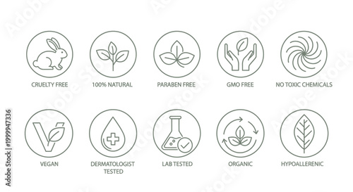 Set of ten circular cosmetic product feature icons.