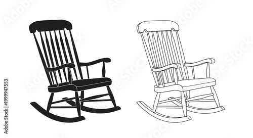 Rocking chair silhouettes black and white line art illustration