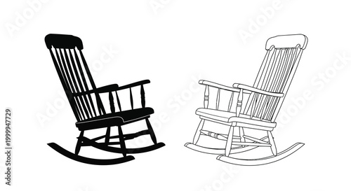 Rocking chair silhouette and line drawing on white background
