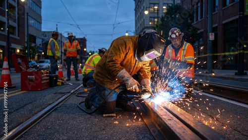 Worker welding light rail track at night with sparks flying  