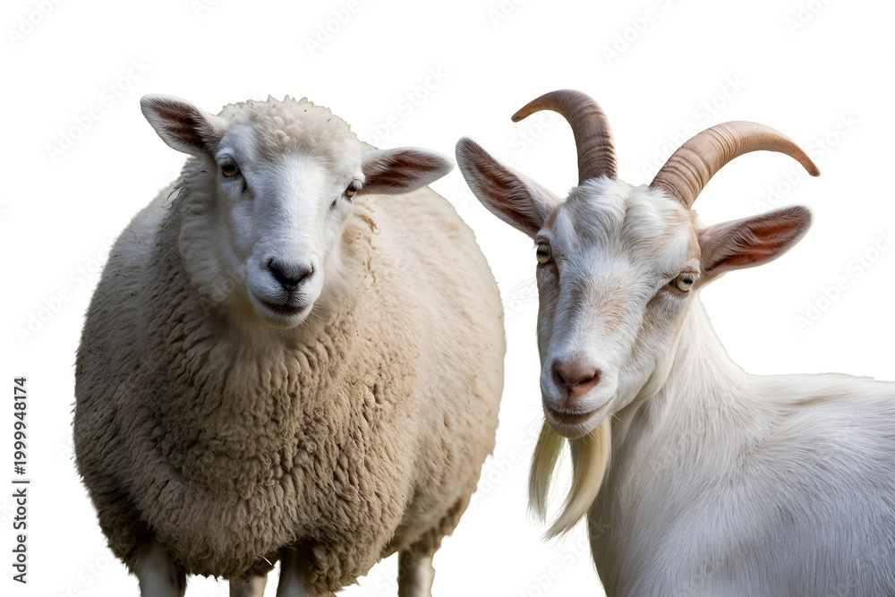 Fototapeta premium Sheep and goat looking forward with farm animals livestock domestic herbivore grassland