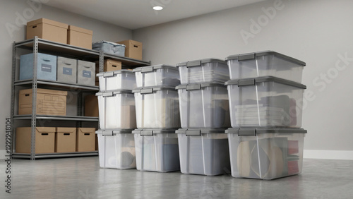 Storage containers neatly organized on shelving unit in modern room  