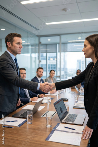 Business professionals shaking hands in modern office meeting room  