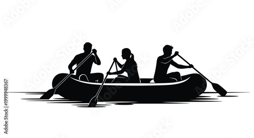Canoe with three people silhouette on white background