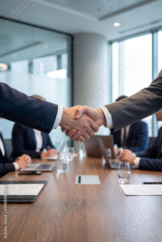 Two businessmen shaking hands in modern office during meeting  