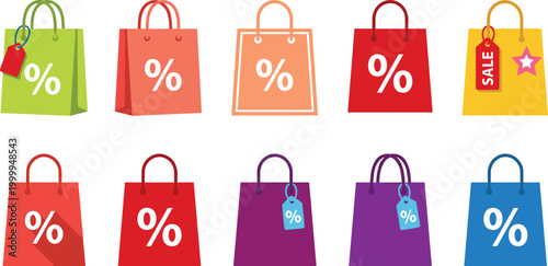 Colorful shopping bag collection with discount sale tags retail vector illustration.