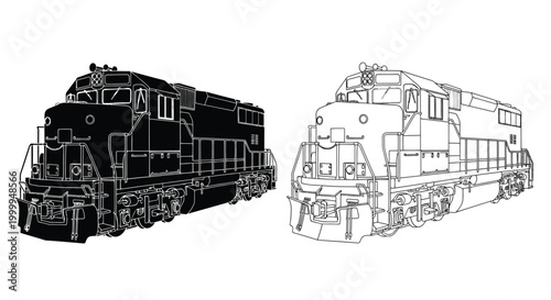 Diesel locomotive silhouette and line drawing on white background