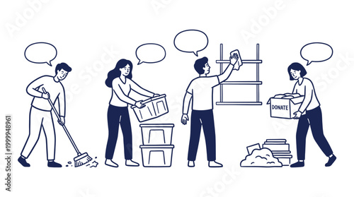 Diverse Group Of Volunteers Working Together To Clean Organization Space And Sorting Donation Boxes To Help People In Need Of Support