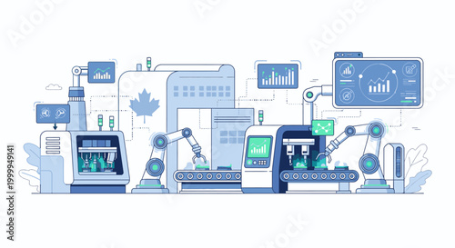 Flat lay illustration of various digital devices and data visualization graphics in shades of blue on a white background.