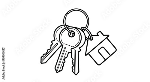Keys with house shaped charm black and white line drawing