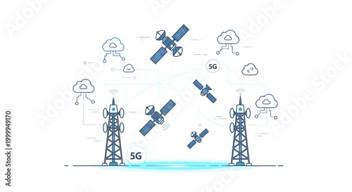 Illustration of 5G network communication towers with satellites and cloud icons in a white background with a blue glow and various network symbols.
