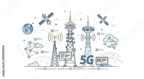 Illustration of various 5G communication towers and satellite systems with network signals and icons on a white background with a technological mood.