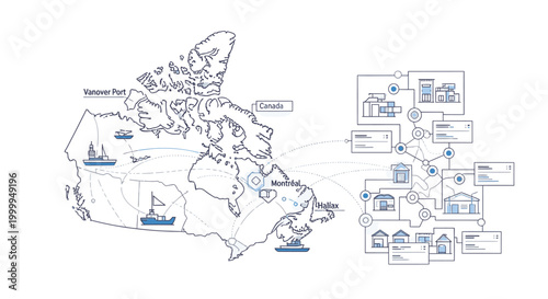 A detailed diagram showing a map of Canada with various icons and symbols connected to a flowchart on the right side, illustrating transportation routes and logistics.