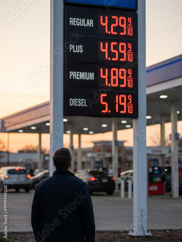 Man looking at fuel prices display at gas station during sunset  
