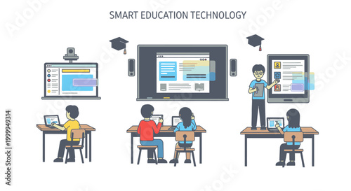 Illustration of students and teacher using educational technology in a classroom setting with interactive displays and laptops on desks.