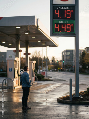Man looking at fuel prices at gas station during sunset  