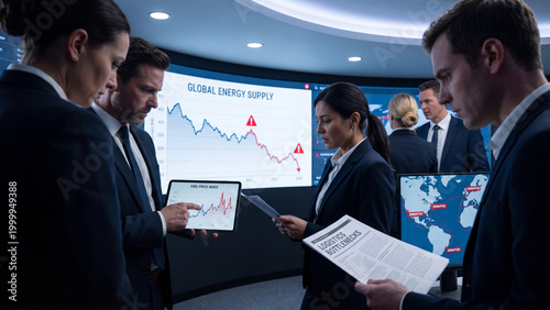 Business professionals analyzing global energy crisis data in team meeting  
