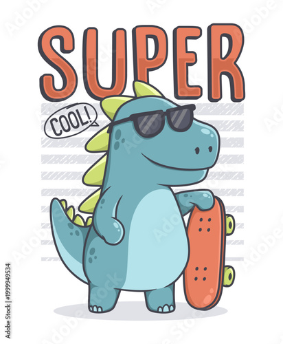 Cool Dinosaur with Skateboard illustration hand drawn vector for print on t-shirt and other uses