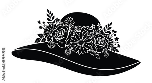 Floral hat silhouette with roses and daisies black and white