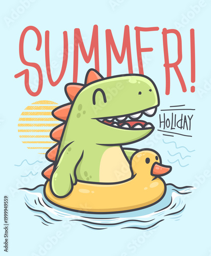 Dinosaur Floating on Duck Tube illustration hand drawn vector for print on t-shirt and other uses