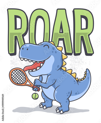 Dinosaur Playing Tennis illustration hand drawn vector for print on t-shirt and other uses