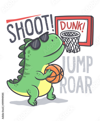 Dinosaur Playing Basketball illustration hand drawn vector for print on t-shirt and other uses