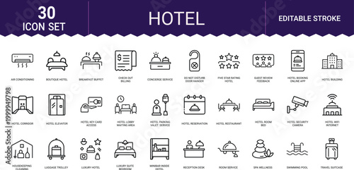 Hotel services icon set featuring accommodation travel amenities and guest room facilities.