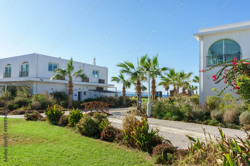 Obraz premium A sunny afternoon stroll through the tranquil coastal gardens with palm trees and charming architecture.
