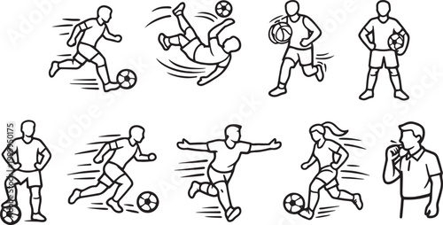 A collection of diverse soccer players and referee line art icons