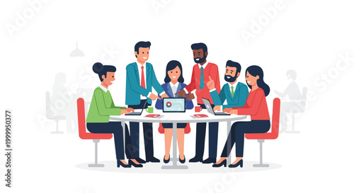 Diverse professionals collaborate around a round table, discussing data on a laptop screen within a modern, minimalist office environment.