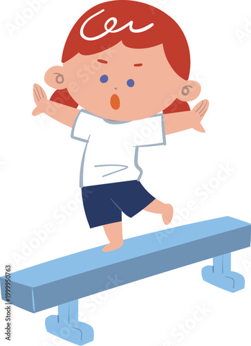 体操服で平均台の上を歩く女の子