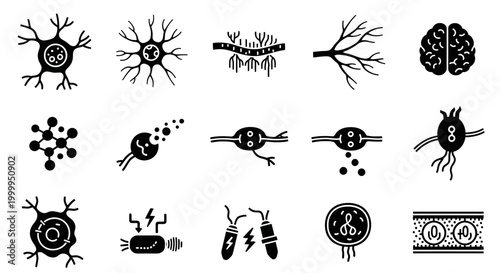 Neuron Black Icon Set Illustration of Nervous System Neurons Brain and Glia