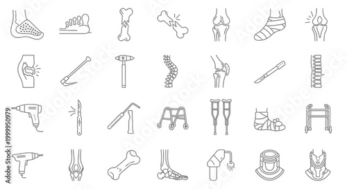 Orthopedic Icon Collection Depicting Bones and Medical Equipment Line Art