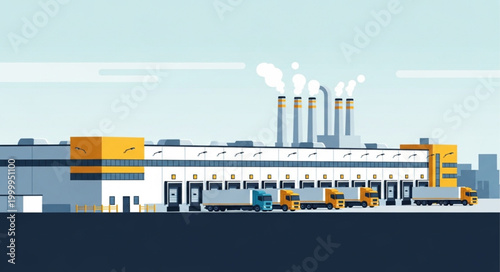 Billede på lærred Modern industrial warehouse building with loading docks and trucks