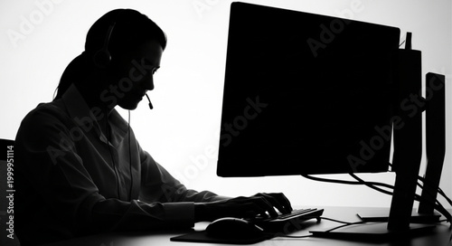Silhouette of a focused customer service representative working at a computer.