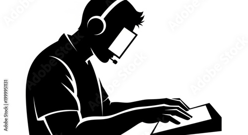 Silhouette of a focused gamer wearing headphones and playing a game.