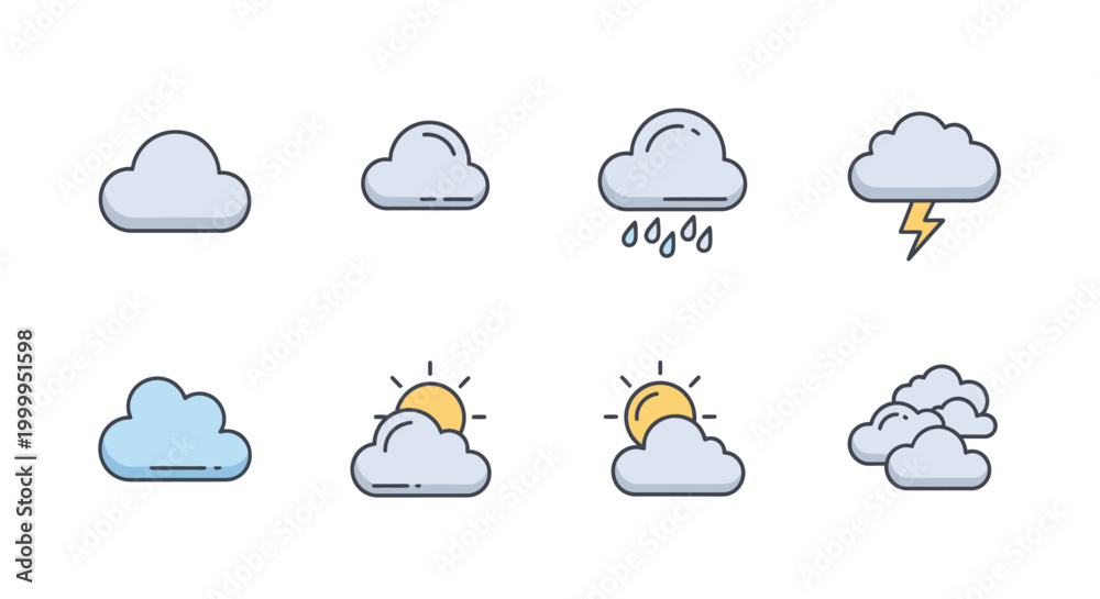 Obraz premium Cloud Weather Icons Set: Sun, Rain, Lightning, Overcast, Partly Cloudy, Stormy