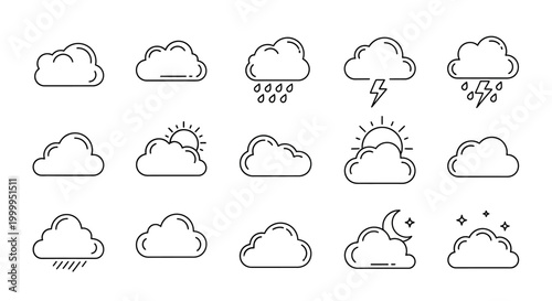 Cloud Icons Set: Weather Forecast, Rain, Sun, Lightning, Moon, Stars