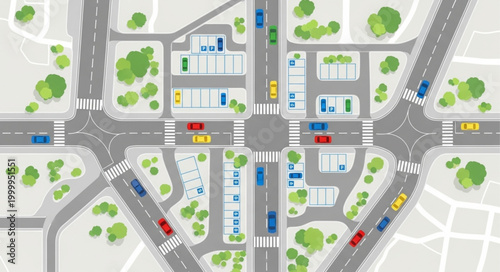 Aerial view of a busy city intersection with cars and buildings.