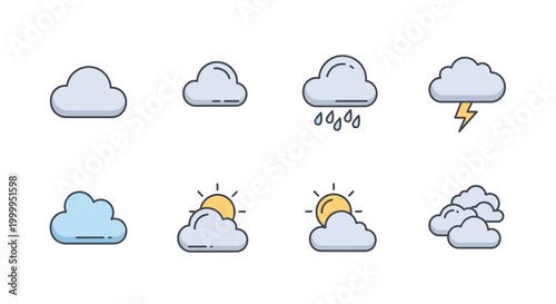 Cloud Weather Icons Set: Sun, Rain, Lightning, Overcast, Partly Cloudy, Stormy