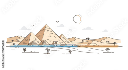 Illustration of the Pyramids of Giza with a serene desert landscape and a body of water in front, rendered in a flat, stylized style with warm beige and blue tones.