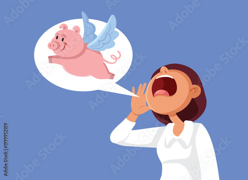 Woman Lying about how Pigs Can Fly Vector Illustration. Funny lady having a big imagination telling untrue stories
