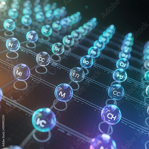 Abstract Digital Rendering of Glowing Spheres Containing Letters and Symbols Arranged in Rows on a Dark Grid-like Surface with Blue and Teal Tones and a Futuristic Sci-Fi Aesthetic